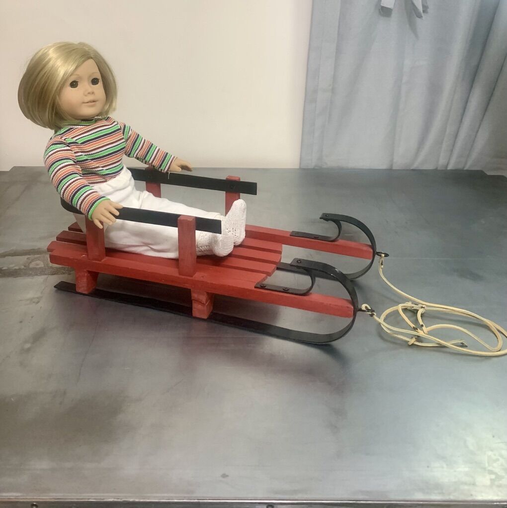 Classic Red Wood Sled W/Pull String For 18 Dolls