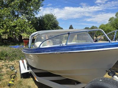 Johnson 135 Outboard Motor Boat & Trailer - Blue/White, Vintage