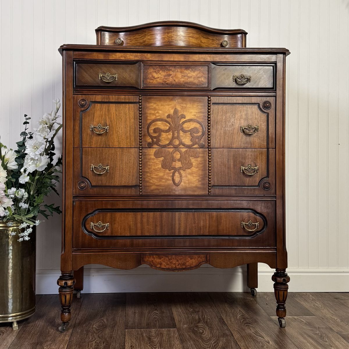 1930s Art Deco Tallboy Dresser w/ Burl Inlay