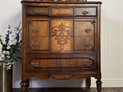 1930s Art Deco Tallboy Dresser w/ Burl Inlay