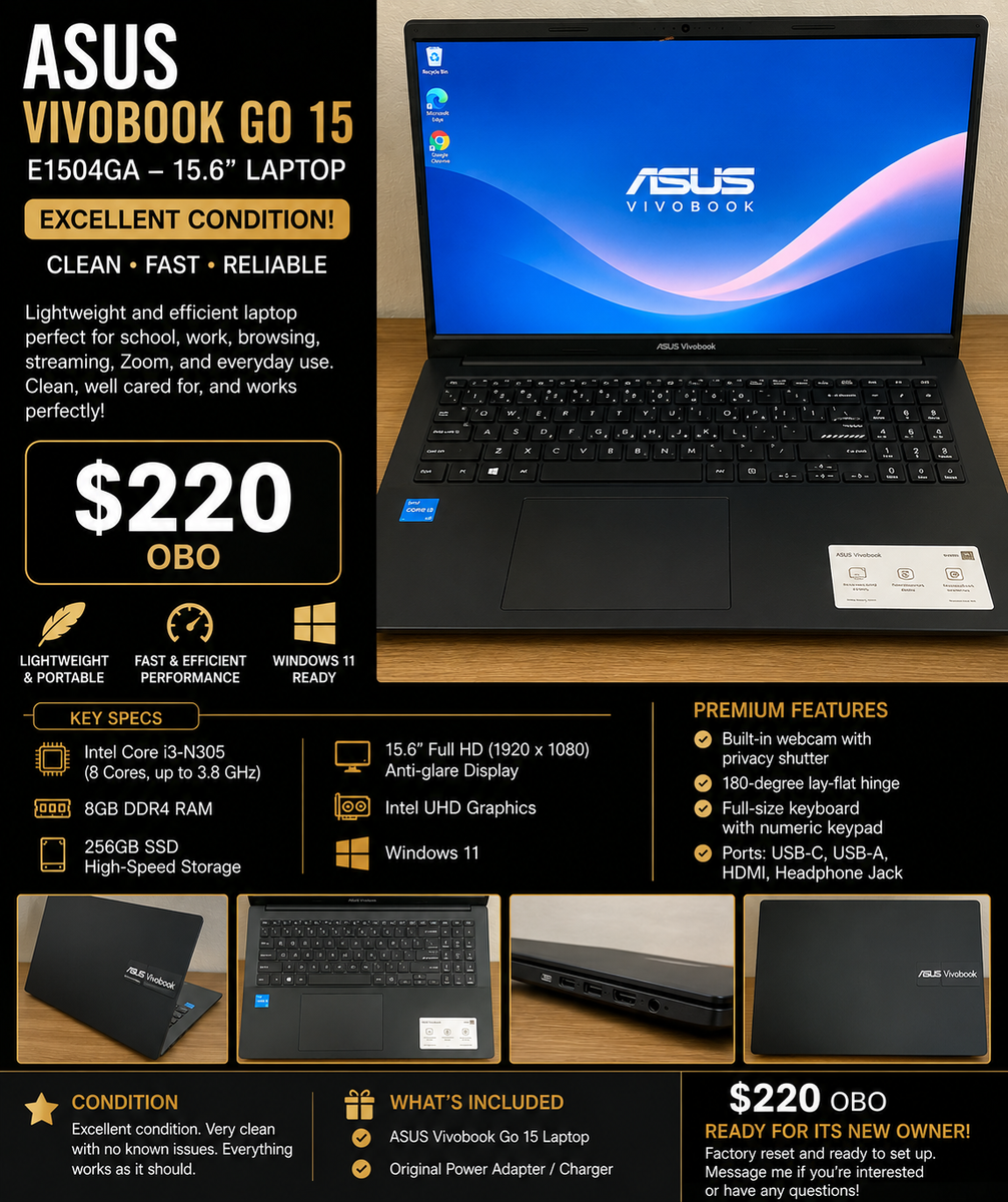 ASUS Vivobook Go 15 E1504GA 15.6" Laptop - Intel i3-N305, 8GB RAM, 256GB SSD