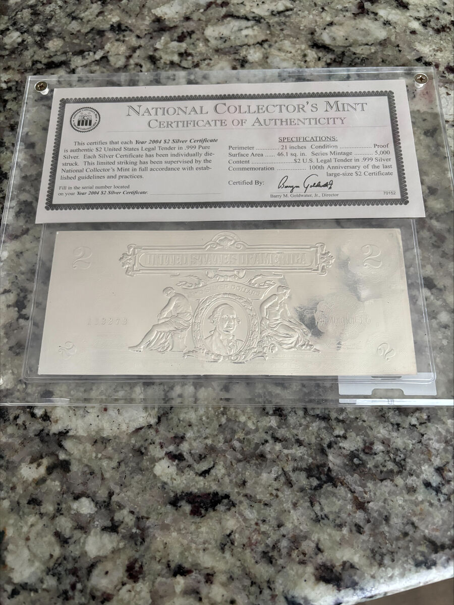 2004 $2 Large Silver Certificate .999 Silver Leaf National Collectors Mint COA