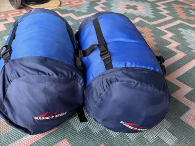 2x Suisse Sport Adult 30 Degree Mummy Camping Sleeping Bags - Pair, Blue, Purple, Compact