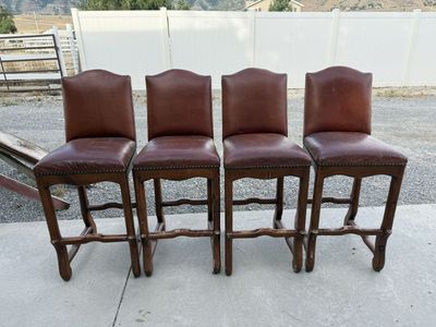 Set of 4 Leather Bar Stools with Wood Frame and Nailhead Trim