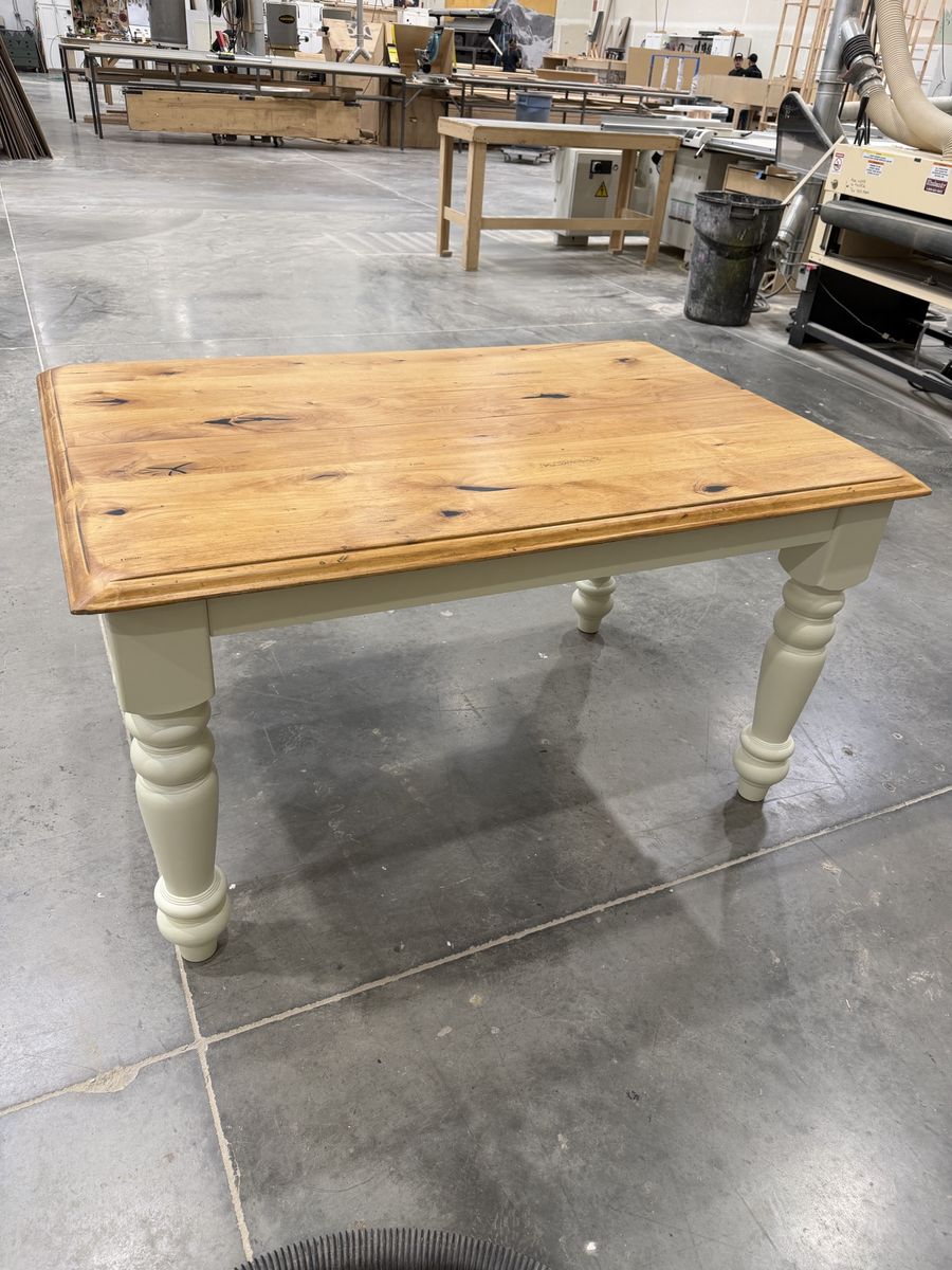 Farmhouse Style Wood Dining Table with Turned Legs - Light Wood Top, Cream painted Base