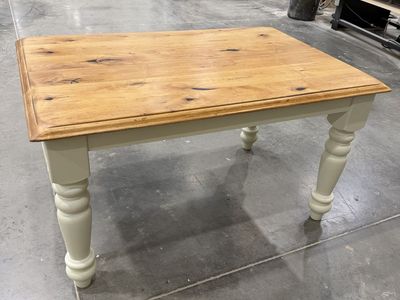 Farmhouse Style Wood Dining Table with Turned Legs - Light Wood Top, Cream painted Base