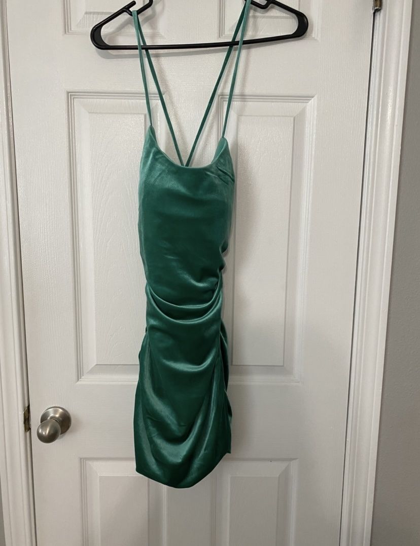 Velvet Evergreen Ruched Bodycon Mini Dress with Lace up Back