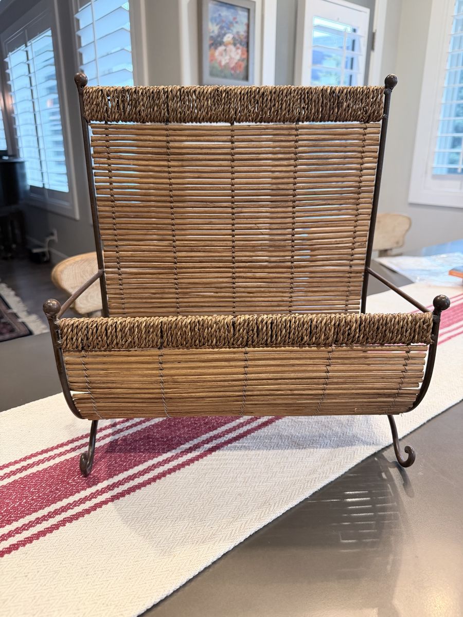 Woven Rattan & Iron Magazine Rack / Holder - Rustic Home Decor Organizer