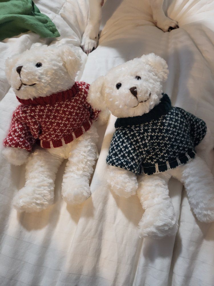 Pair of White Teddy Bears in Sweaters - Red & Green Fair Isle Knits, Plush Stuffed Animals