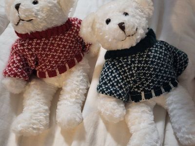 Pair of White Teddy Bears in Sweaters - Red & Green Fair Isle Knits, Plush Stuffed Animals