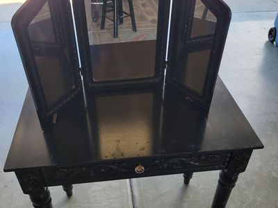 Black Wooden Vanity with Tri-Fold Mirror and Drawer - Used