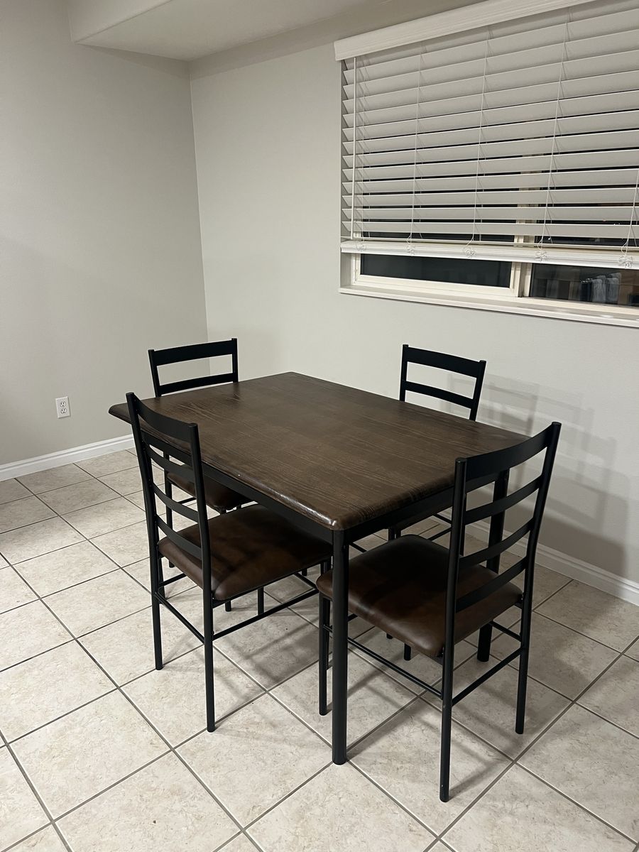 Dining Table Set: Dark Wood Rectangular Table & 4 Chairs - Metal Frame, Brown Cushions