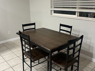 Dining Table Set: Dark Wood Rectangular Table & 4 Chairs - Metal Frame, Brown Cushions