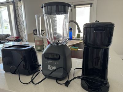 Kitchen small appliances toaster, blender and coffee machine