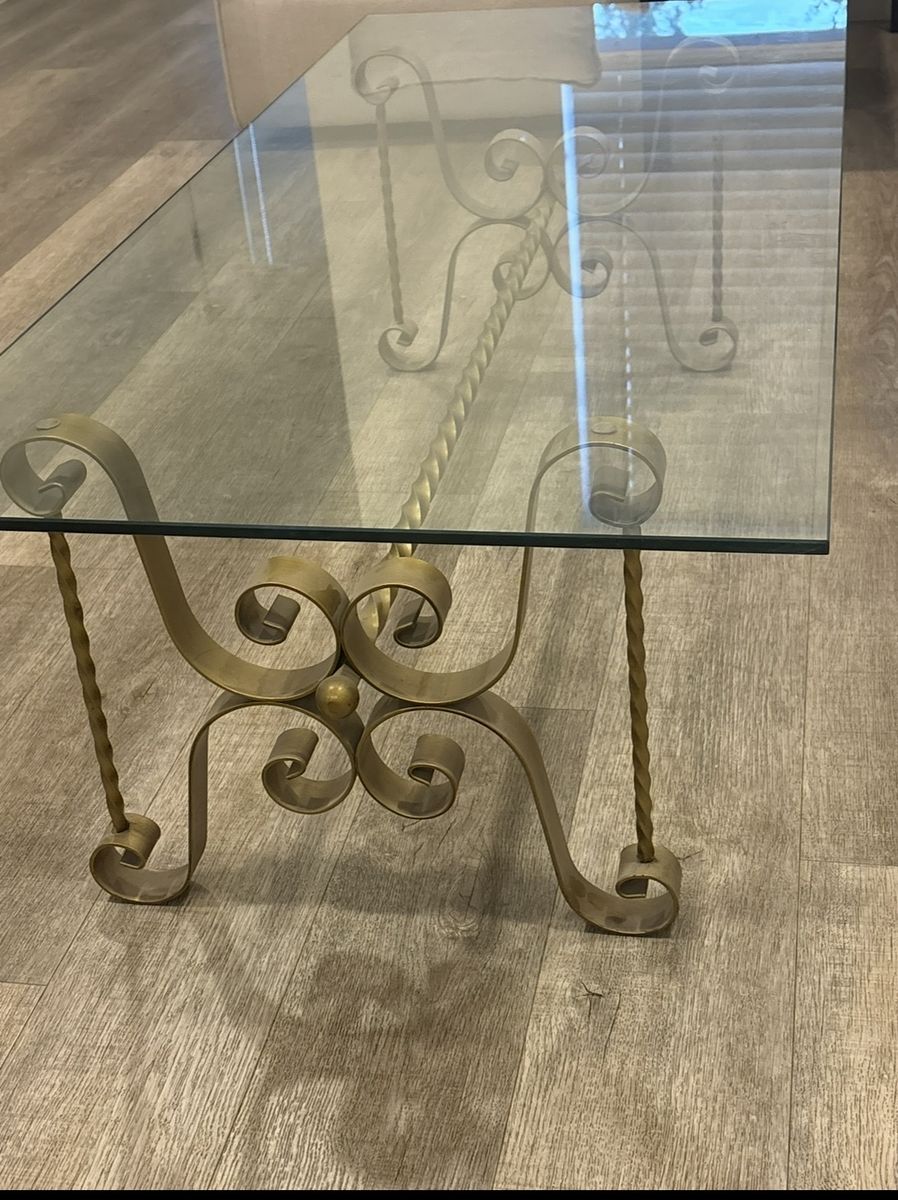 Vintage Gold Wrought Iron Glass Top Coffee Table & End Table Set