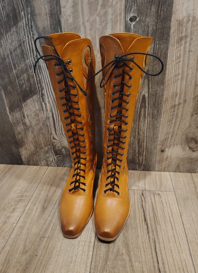 Women's Size 7.5 but fits more like a 8.5-9. Brown/Tan Leather-like Tall Lace-Up Boots - Victorian/Steampunk Style