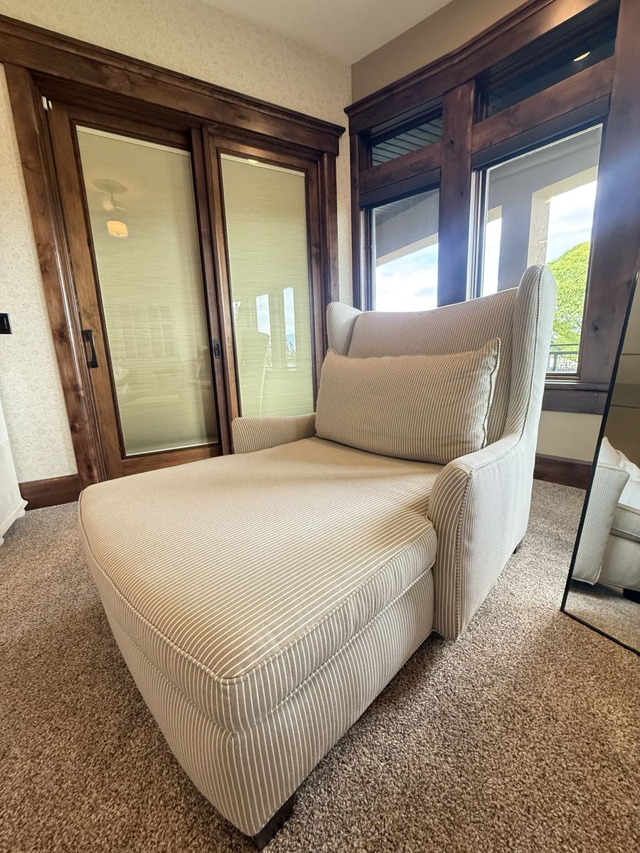 Wingback Chaise Lounge Chair with Lumbar Pillow - Pinstripe Upholstery - Excellent Condition
