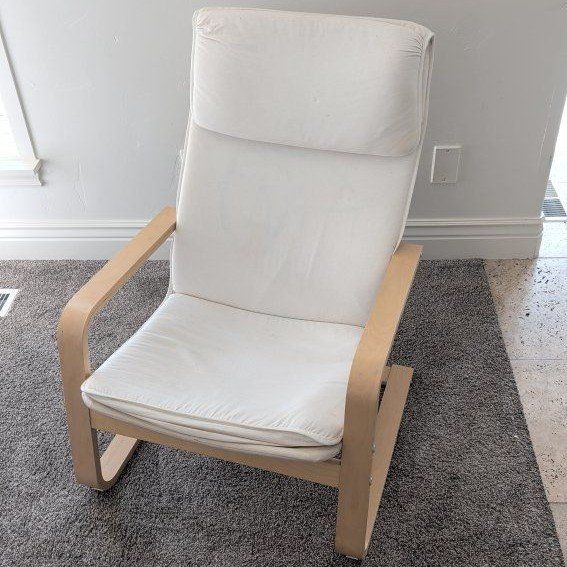 IKEA Armchair - Birch Veneer Frame with White Fabric Cushions