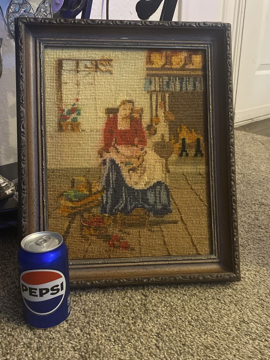 Vintage Framed Needlepoint Wall Art - Woman Spinning Yarn, Wooden Frame