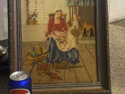 Vintage Framed Needlepoint Wall Art - Woman Spinning Yarn, Wooden Frame