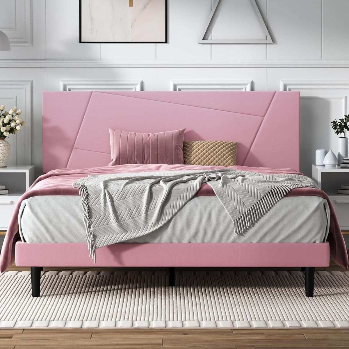IOILORI Queen Size PINK Bed Frame with Velvet Headboard New Factory Sealed