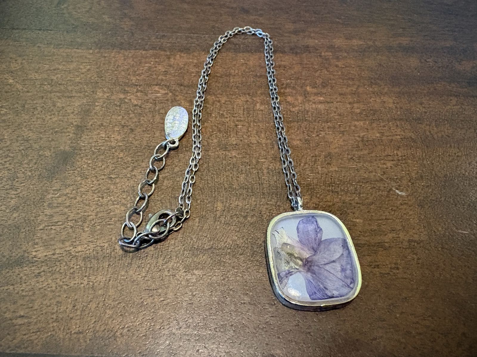 Silver Necklace W/ Pressed Purple Flower July Birthday