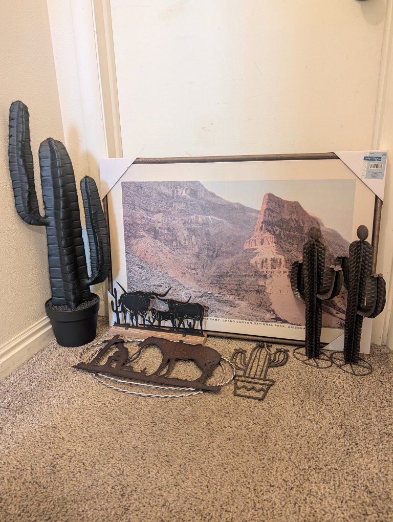 Grand Canyon Framed Wall Art and Southwestern Metal Decor Bundle