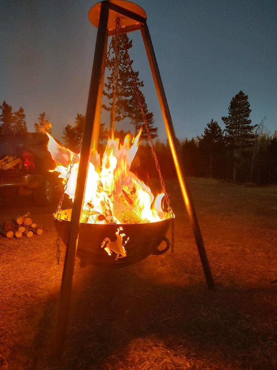 Custom fabrication, custom metal railing and hanging cauldron fire pits