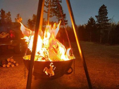 Custom fabrication, custom metal railing and hanging cauldron fire pits
