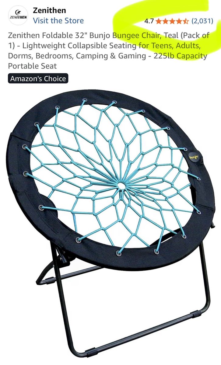 Bunjo Bungee Folding Chair – Teal/Green – Fun & Comfortable! Outdoor Chair, Camp Chair, Camping Gear, Teen Room, Bouncy Chair
