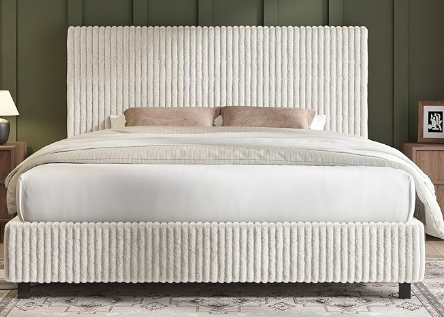AMERLIFE Queen Bed Frame, Upholstered Platform Bed with Corduroy Headboard
