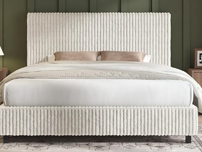 AMERLIFE Queen Bed Frame, Upholstered Platform Bed with Corduroy Headboard