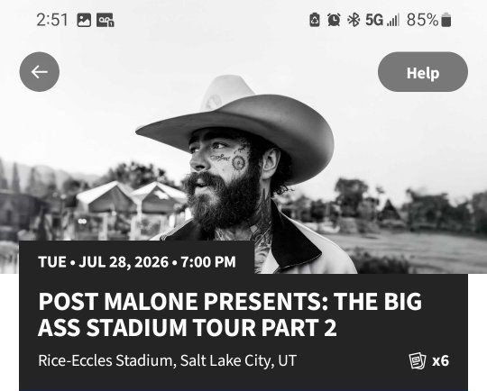 Post Malone: July 28th Rice-Eccles Stadium Two Tickets - E36, Row 40