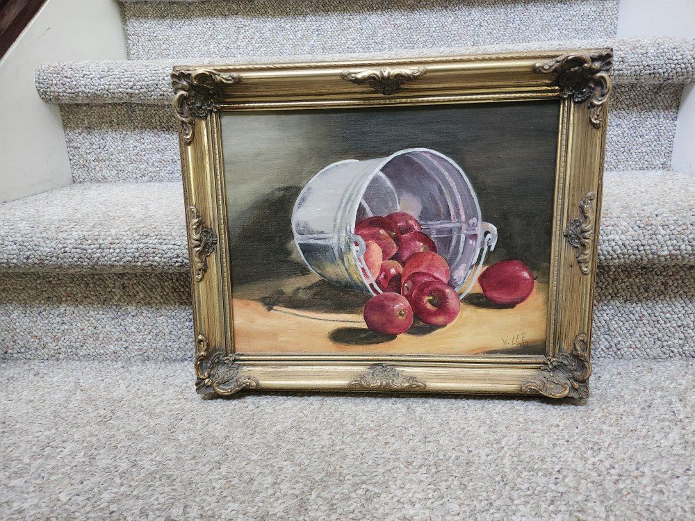 W. Lee Vintage Still Life Oil Painting "Spilled Apples" Gold Ornate Framed Art
