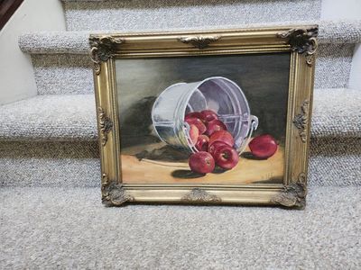 W. Lee Vintage Still Life Oil Painting "Spilled Apples" Gold Ornate Framed Art