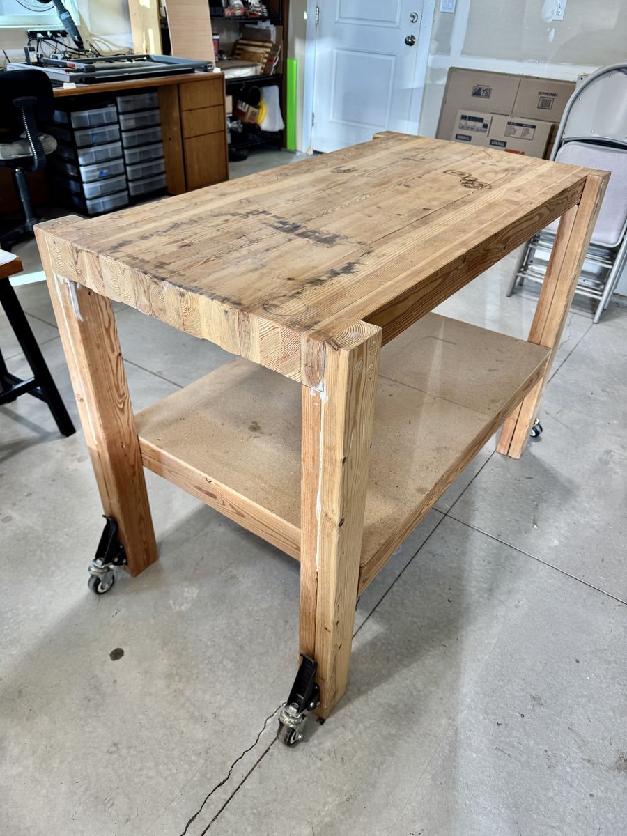 Old Wood Workbench with Wheels