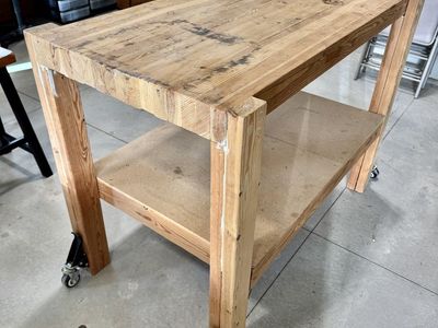 Old Wood Workbench with Wheels