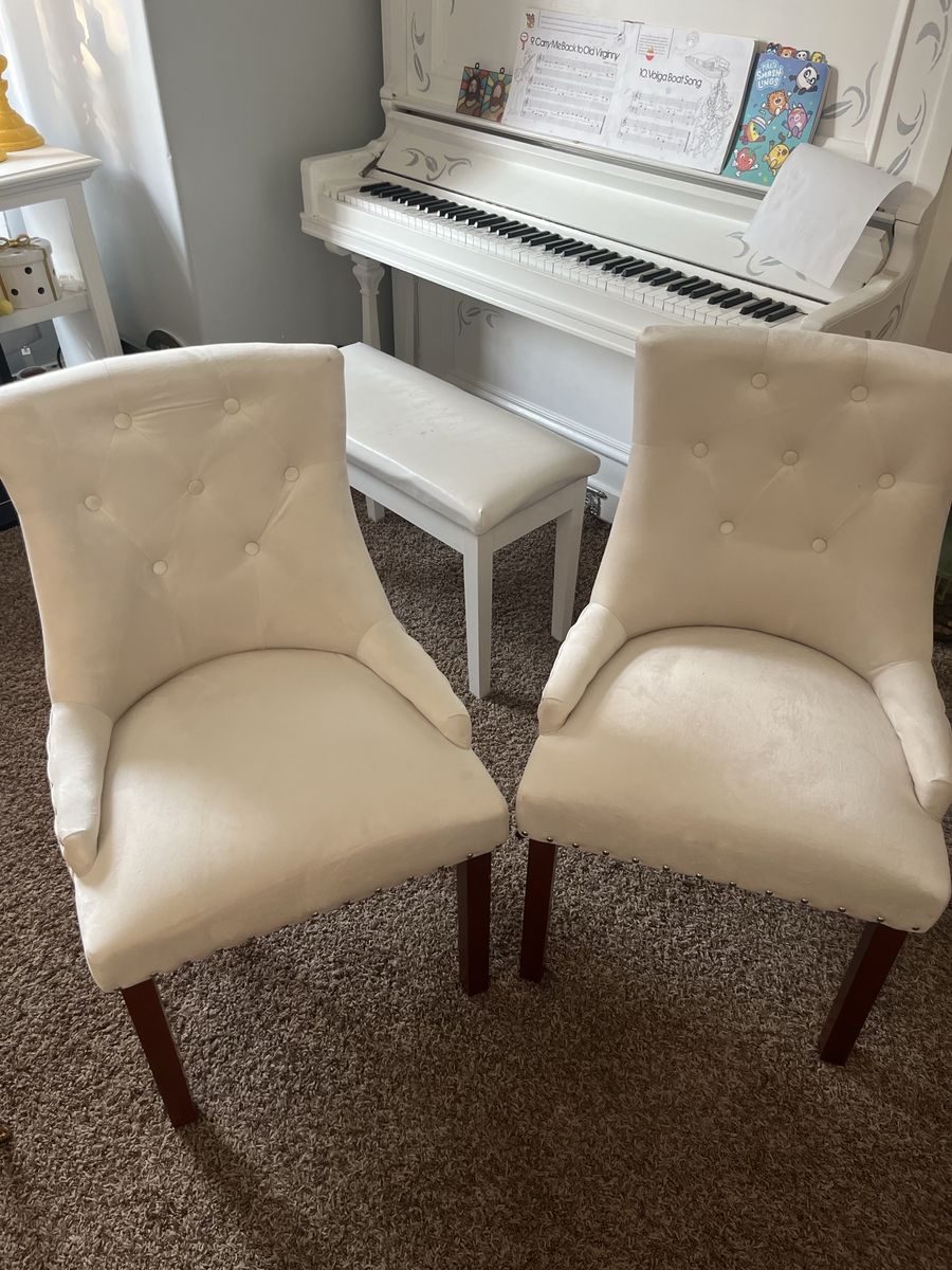 Set of 2 suede/velvet Accent Chairs with Nailhead Trim and Wood Legs