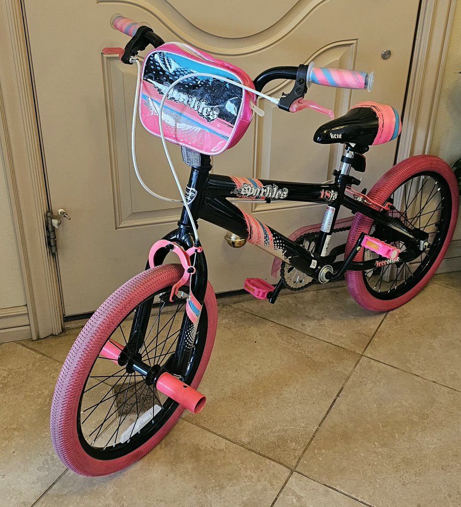 Kent Sparkles 18" Kids BMX Bike - Pink & Black, Front Bag, Freestyle Pegs