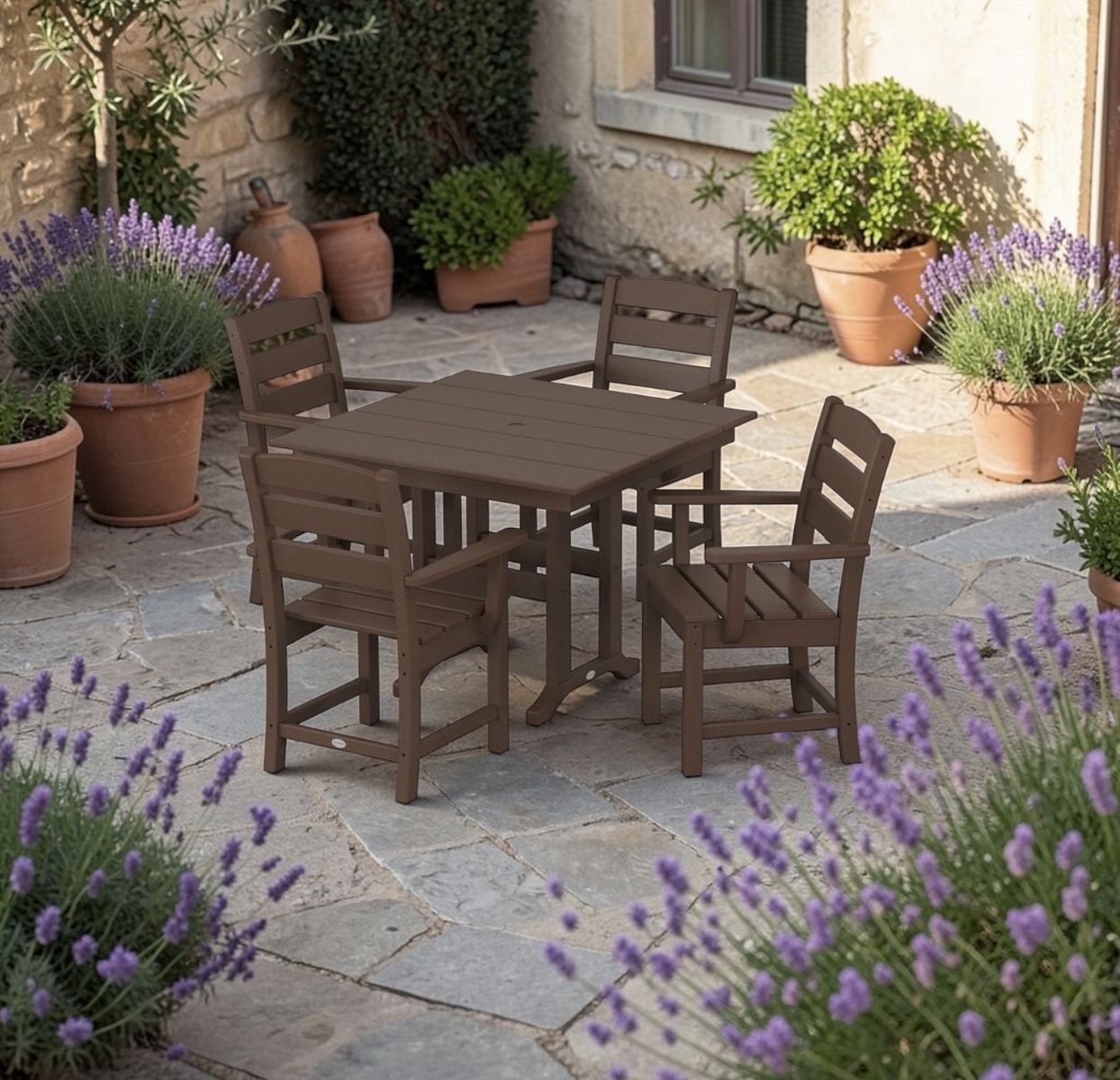 POLYWOOD Lakeside Farmhouse Dining Set – Table + 4 Captain Chairs – Mahogany – BRAND NEW