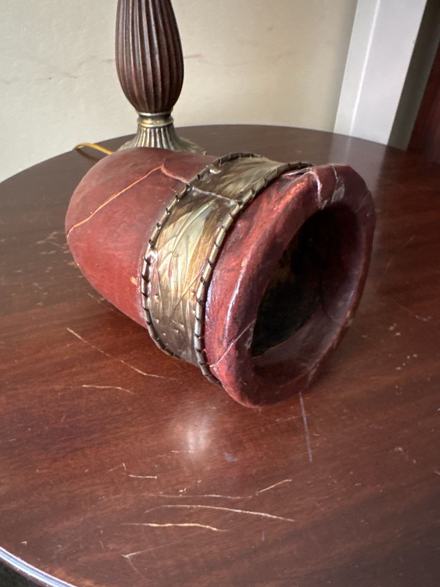 Vintage Handcrafted Red Leather & Brass Accent Vessel Decorative wine chiller.