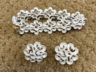Vintage Bright White Metal Bracelet and Earring Set - 1960's