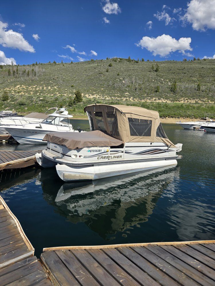 Crestliner Pontoon Boat, White, w/ Tan Bimini Top - Great for Lakes