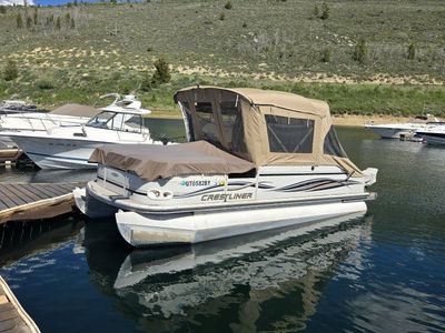Crestliner Pontoon Boat, White, w/ Tan Bimini Top - Great for Lakes