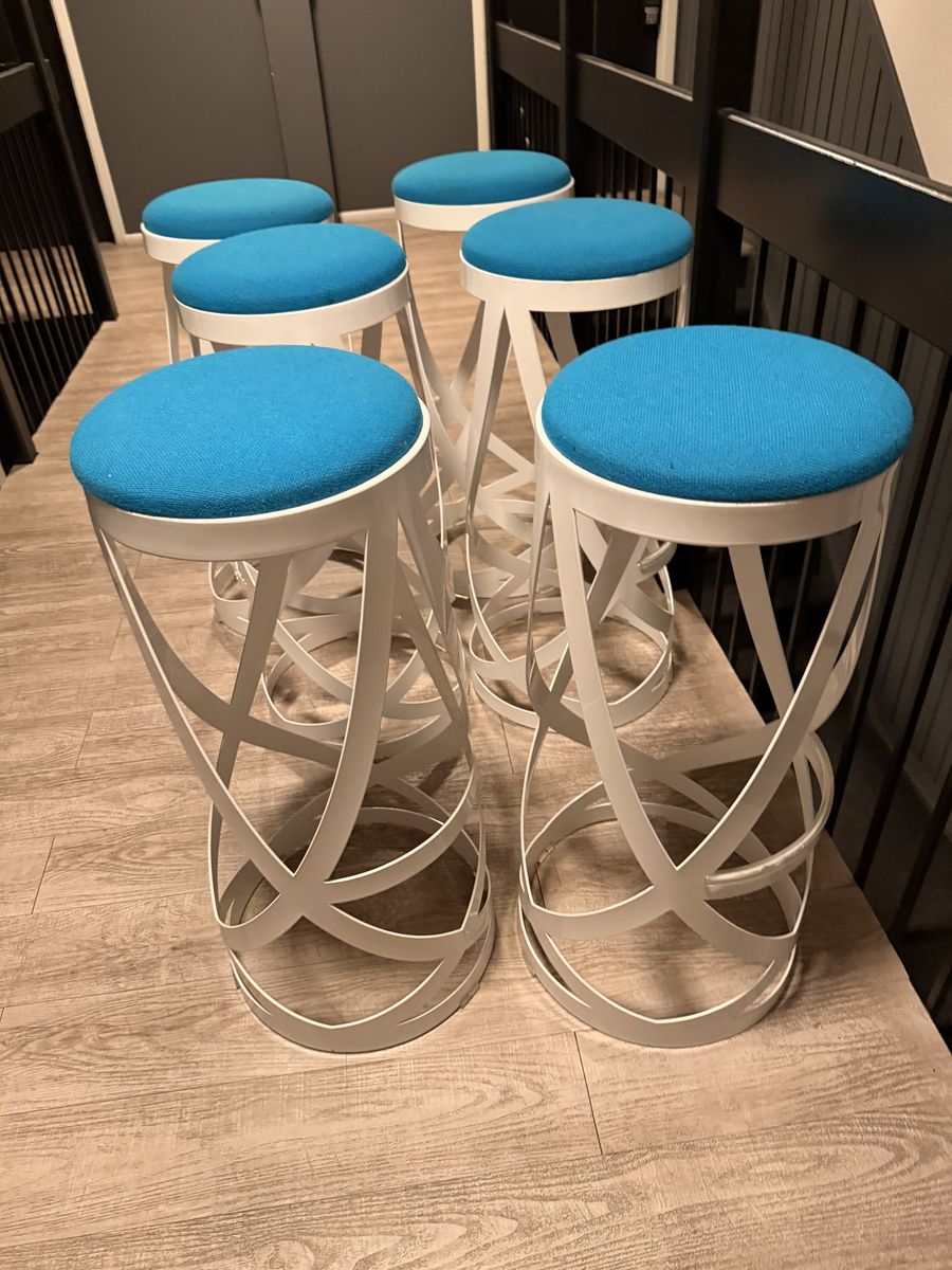 Set of 6 Modern White Metal Bar Stools with Bright Blue Upholstered Seats