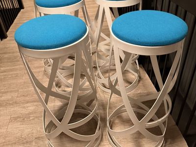 Set of 6 Modern White Metal Bar Stools with Bright Blue Upholstered Seats