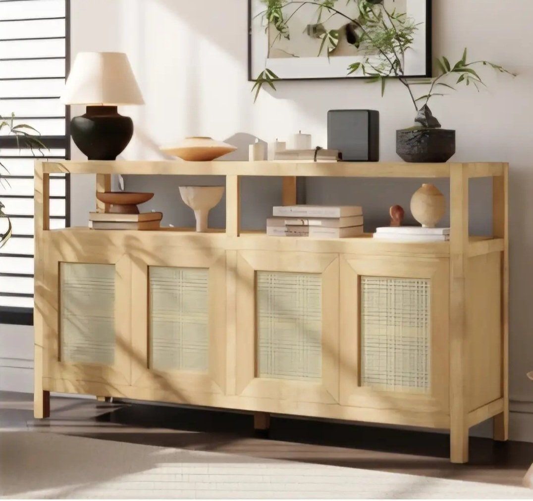 Bohemian Rattan Storage Cabinet with Adjustable Sh