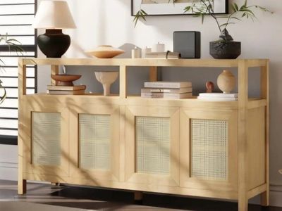 Bohemian Rattan Storage Cabinet with Adjustable Sh