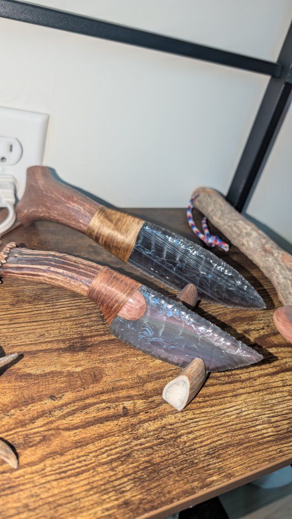 Handmade Obsidian and Antler Handle Primitive Knives - Flint Knapped Blade, Natural Wrap