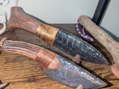 Handmade Obsidian and Antler Handle Primitive Knives - Flint Knapped Blade, Natural Wrap